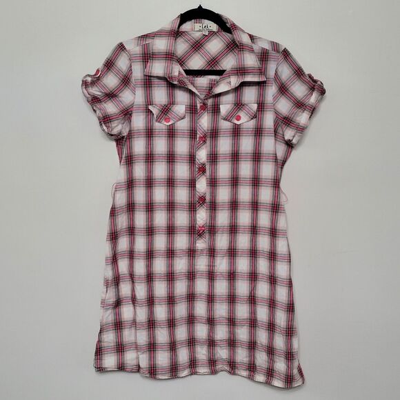 Lei Pink White Plaid Button Up Shirt Dress XL Y2K Short Sleeve Cotton - Picture 1 of 4